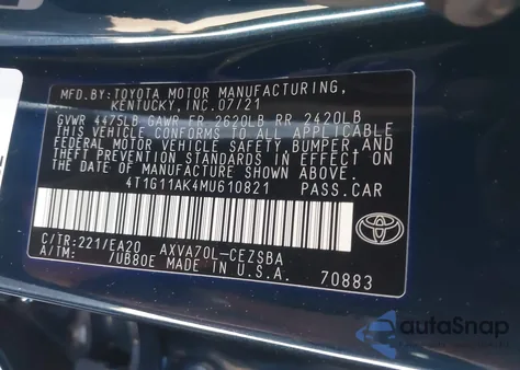 2021 Toyota Camry Se z USA, uszkodzony, nr VIN 4T1G11AK4MU610821